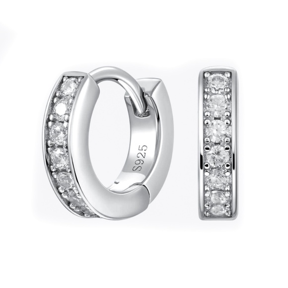 Elegant Pretty Sterling Silver Iced One Row Men’s Women’s Huggie Hoop Earrings - Picture 1 of 5